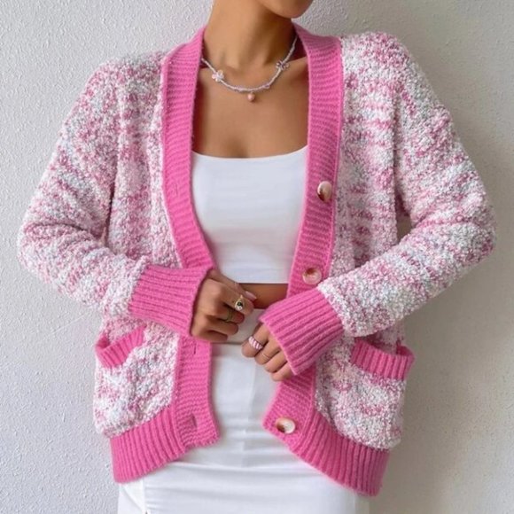 Pink Pocketed Popcorn Knit  Oversized Cardigan - Picture 5 of 7
